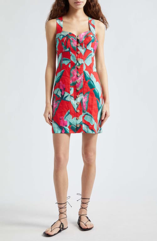 FARM Rio Summer Foliage Linen Minidress Red at Nordstrom,