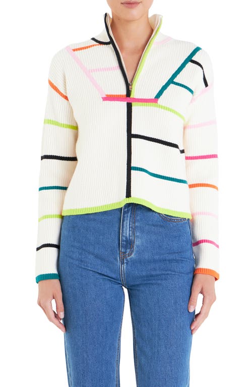 Shop English Factory Stripe Half-zip Rib Sweater In Off White Multi