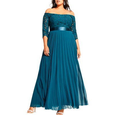 Plus Size City Chic Intriguing Off The Shoulder Lace Bodice Maxi Dress, Green