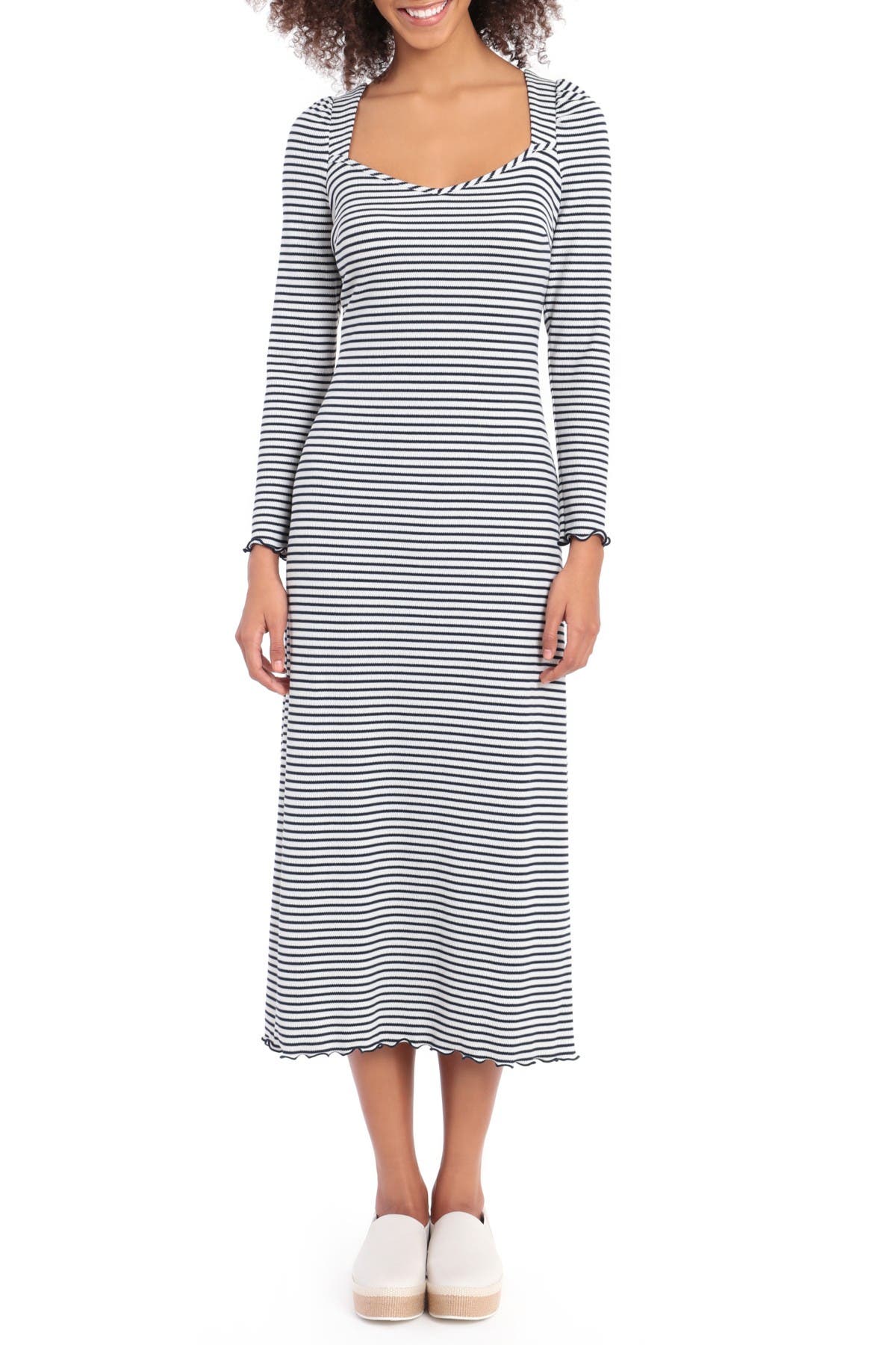 MAGGY LONDON LONG SLEEVE MIDI RIB KNIT DRESS