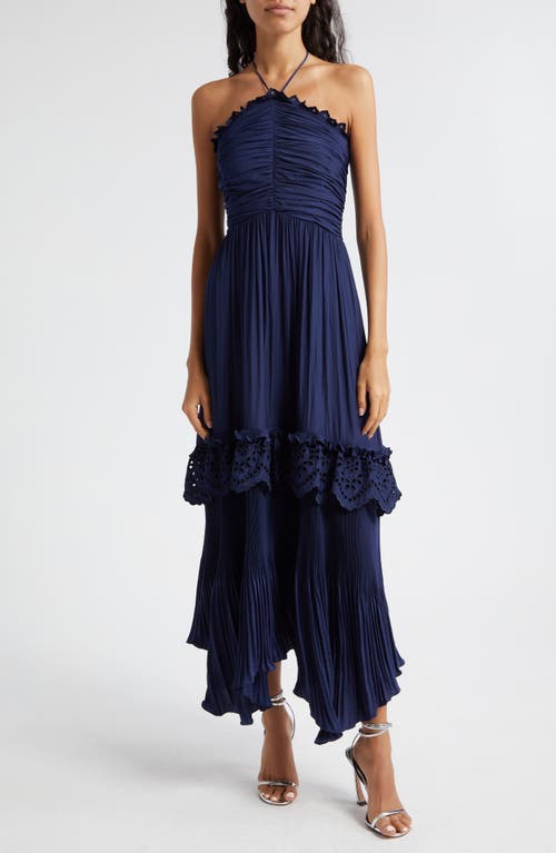 Ramy Brook Dulce Eyelet Ruffle Plissé Halter Maxi Dress in Spring Navy at Nordstrom, Size Large