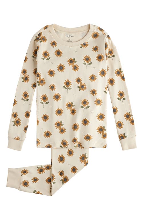 Shop Petit Lem Kids' Sunflower Print Fitted Organic Cotton Two-piece Pajamas In Beige