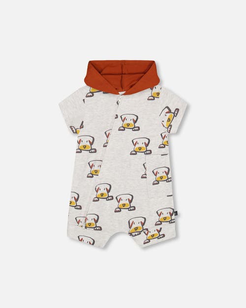 Deux Par Deux Baby Boy's Organic Cotton Hooded Romper Heather Beige With Printed Dog in Heather Beige Printed Dog at Nordstrom