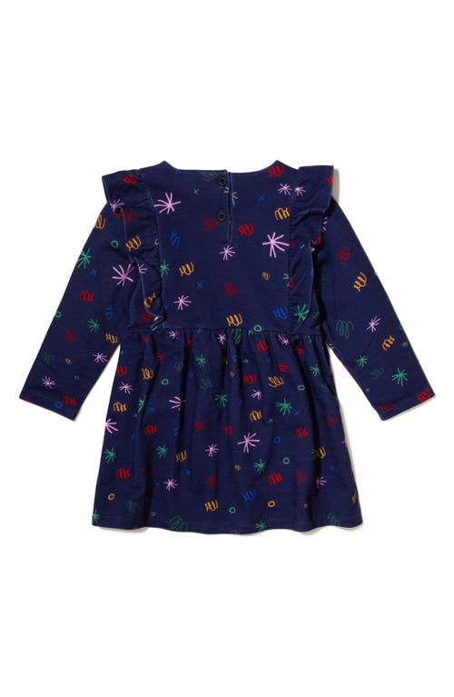 Shop Mon Coeur Kids' Squiggle Print Long Sleeve Ruffle Dress In Navy/confetti