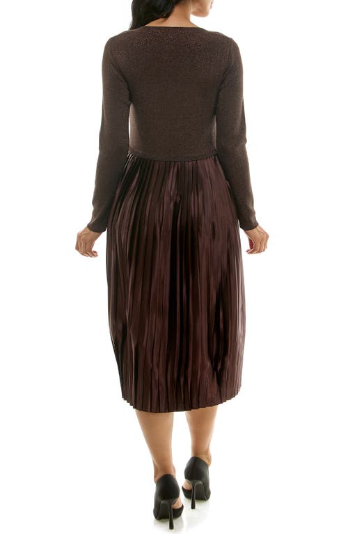 Nina Leonard Long Sleeve Mixed Media Dress In Chocolate Lurex