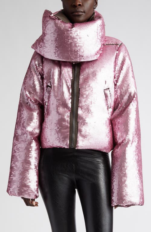 Rick Owens Sequin Funnel Neck Down Jacket In Dust/pink