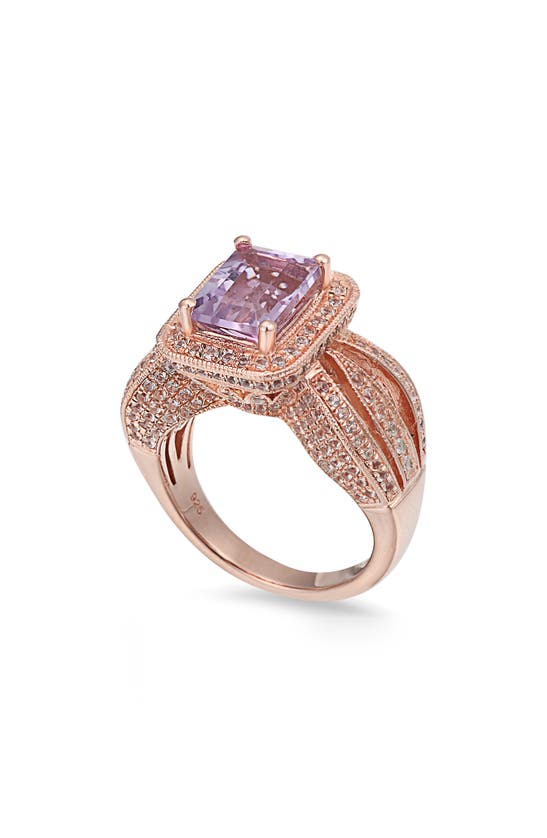 Suzy Levian Emerald Cut Amethyst & White Topaz Halo Ring In Pink