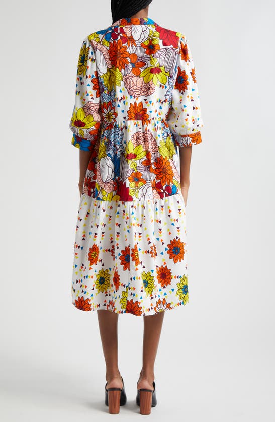 Shop The Oula Company Mixed Print Tiered High-low Shirtdress In Blue Orange Ruby Golden