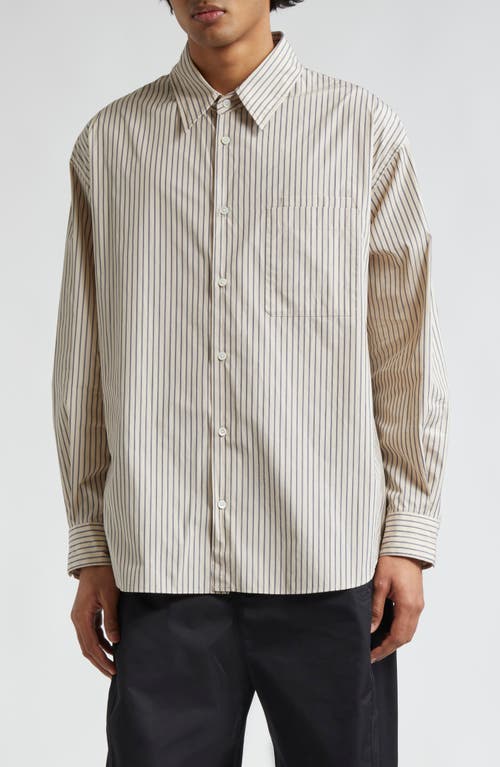 Lemaire The Double Pocket Relaxed Fit Stripe Button-Up Shirt Mastic /Navy /White Mu009 at Nordstrom,
