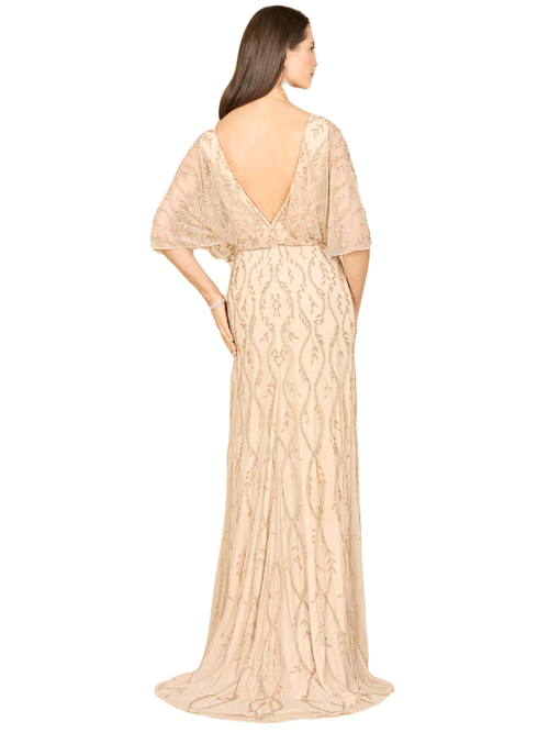 Lara New York Illusion Cape Sleeve Beaded Gown In Champagne