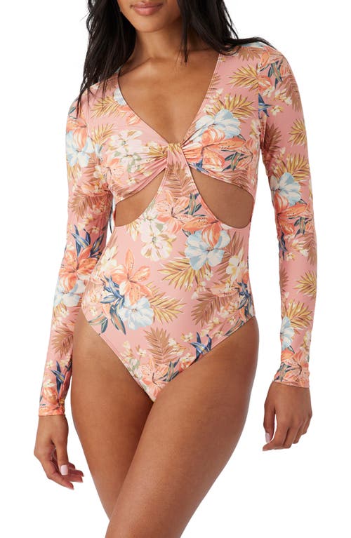 Shop O'neill Punta Tropical Key West Cutout Floral Long Sleeve One-piece Swimsuit In Canyon Clay