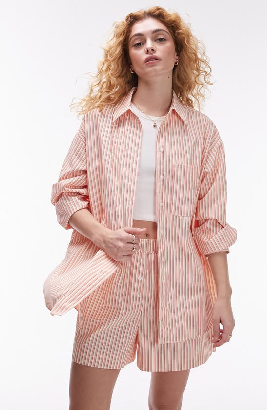 Shop Topshop Oversize Stripe Cotton Button-up Shirt In Red Multi
