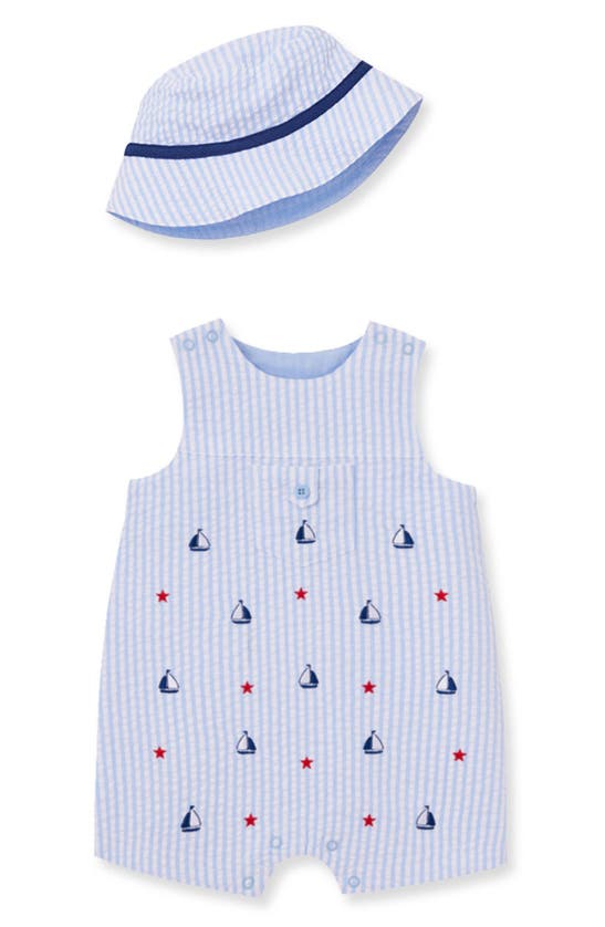 Little Me Babies' Sailboat Seersucker Romper & Hat Set In Blue