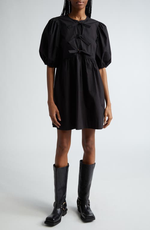 Ganni Tie Front Puff Sleeve Organic Cotton Poplin Minidress in Black at Nordstrom, Size 8-10 Us