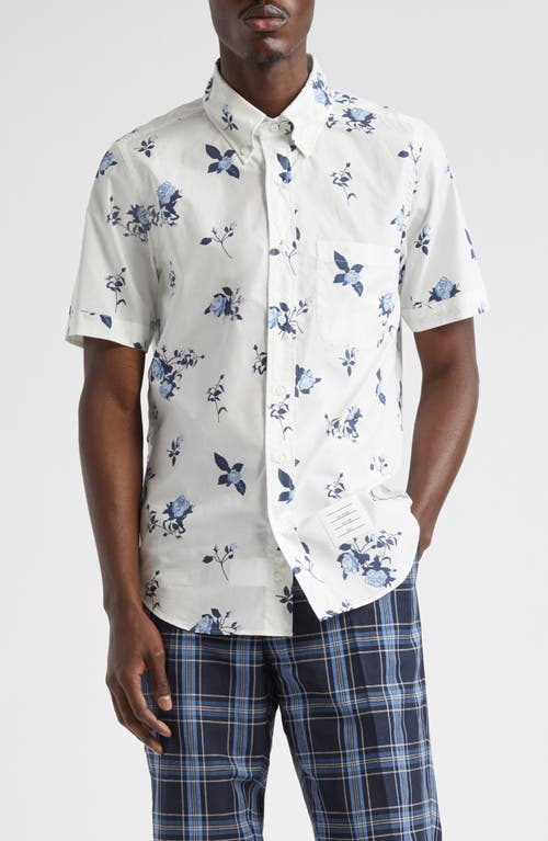 Thom Browne Straight Fit Floral Short Sleeve Cotton Poplin Button-Down Shirt White/Blue at Nordstrom,