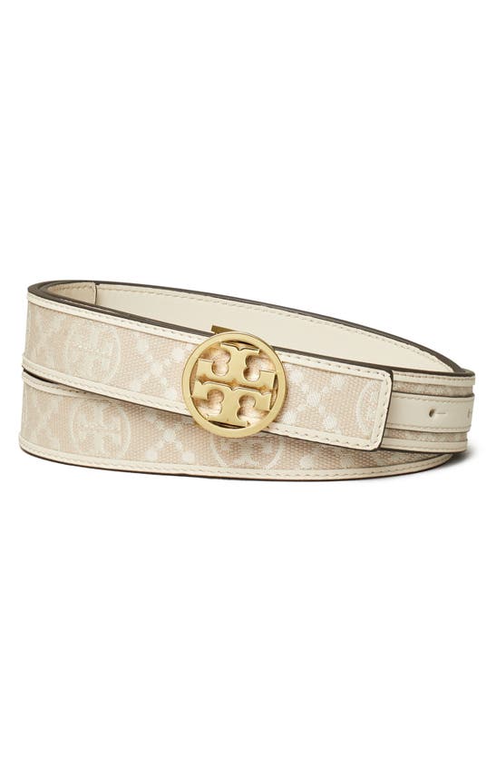 Shop Tory Burch Miller T Monogram Jacquard & Leather Belt In New Ivory