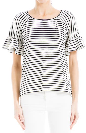 Max Studio Stripe Flutter Sleeve Top In White/black