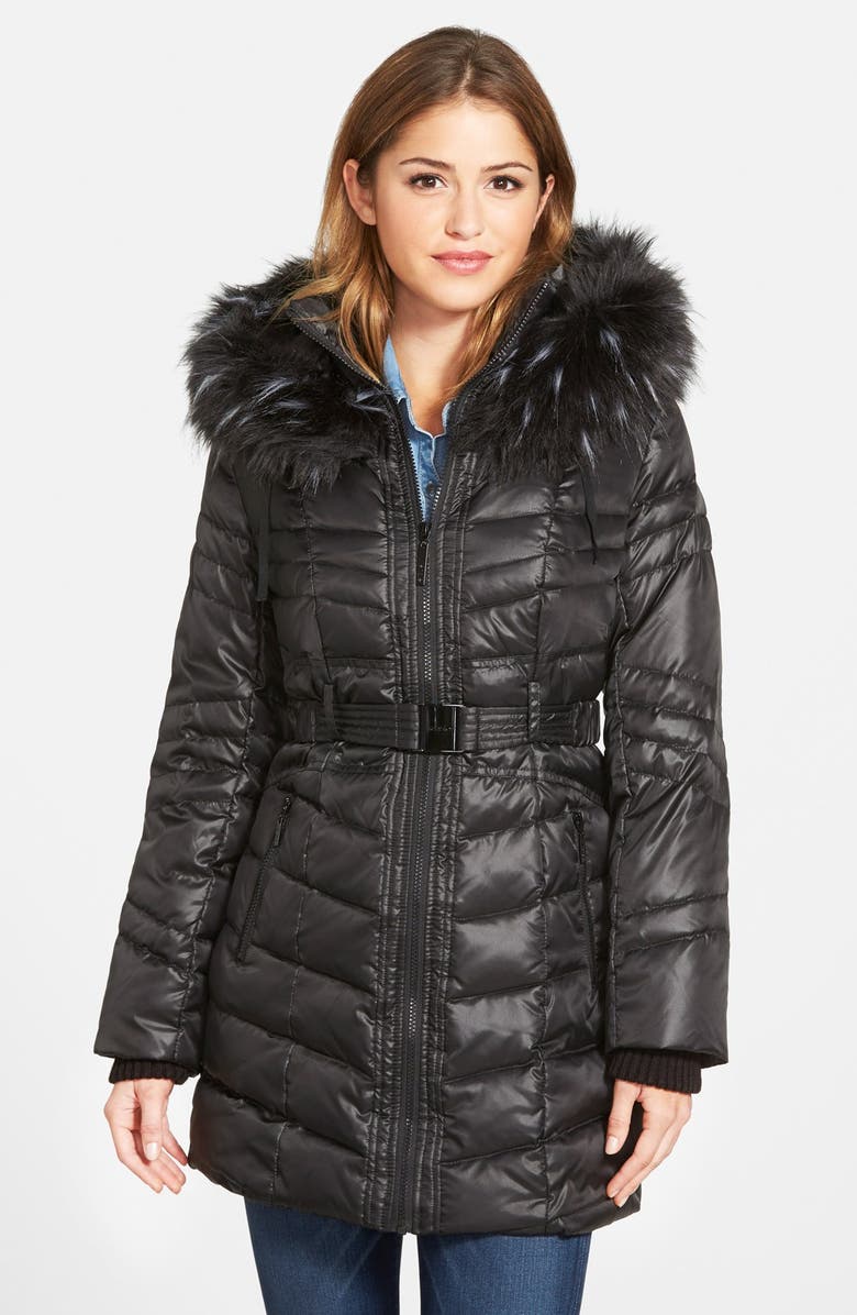kensie Belted Down & Feather Fill Coat with Faux Fur Trim | Nordstrom