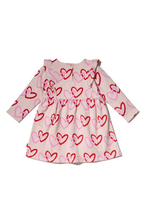 Shop Mon Coeur Kids Heart Print Long Sleeve Ruffle Dress In Petal Pink/multi