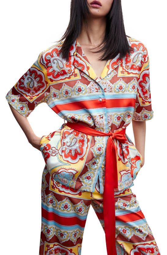 MANGO OVERSIZE BELTED PAISLEY PRINT SATIN BLOUSE
