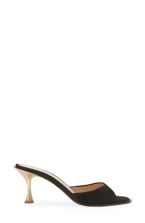 Betzábe Jenni Peep Toe Slide Sandal In Black Suede Matte Gold