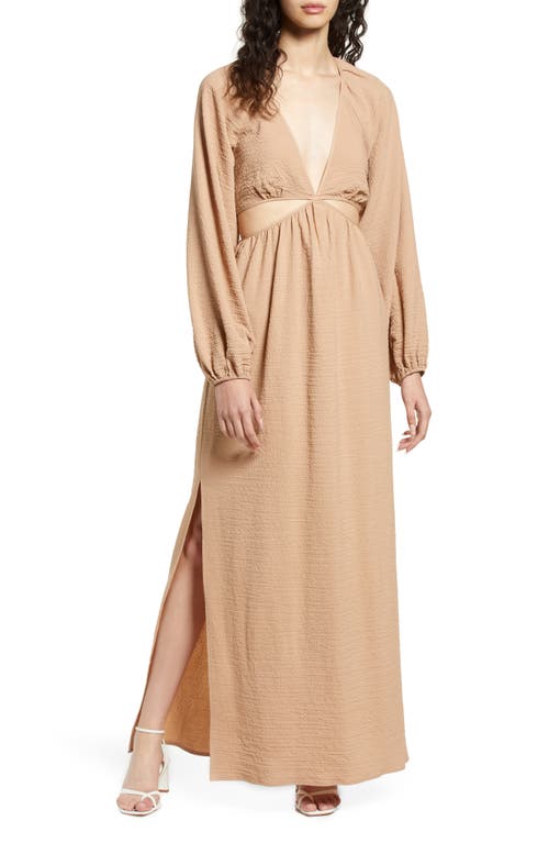 FLORET STUDIOS Long Sleeve Cutout Waist Maxi Dress in Tan