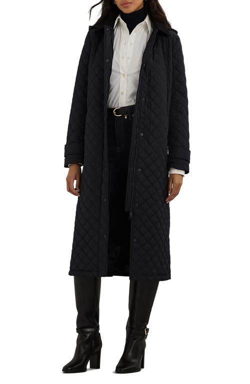 Shop Lauren Ralph Lauren Quilted Hooded Long Coat In Dark Navy