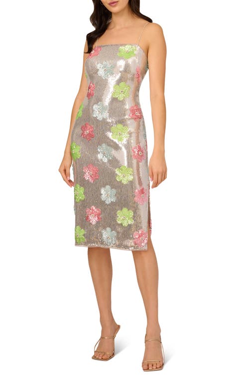 LIV FOSTER Sequin Rhinestone Strap Floral Midi Sheath Dress Silver Multi at Nordstrom,