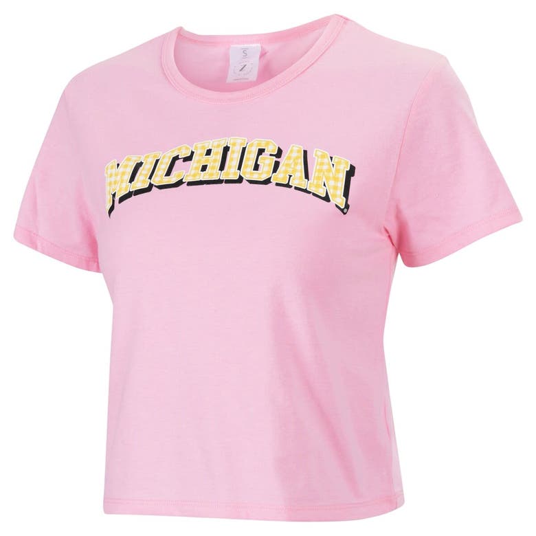 Shop Zoozatz Pink Michigan Wolverines Gingham Logo Cropped T-shirt