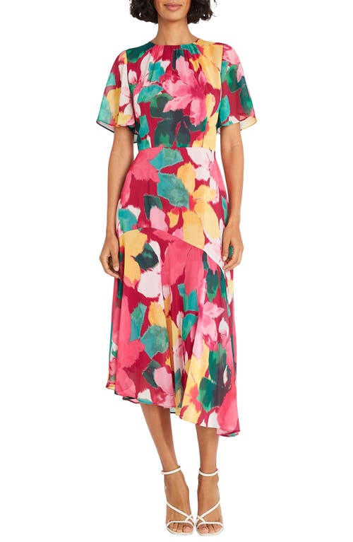 Maggy London Print Flutter Sleeve Asymmetric Midi Dress In Beetroot/yellow Jacket