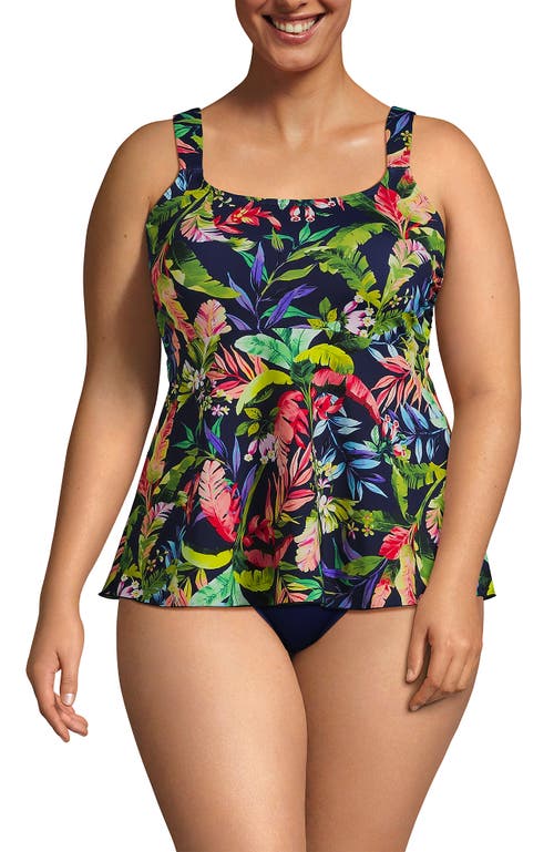 Shop Lands' End Plus Size Flutter Scoop Neck Tankini Top In Navy/prism Pink Multi Palm