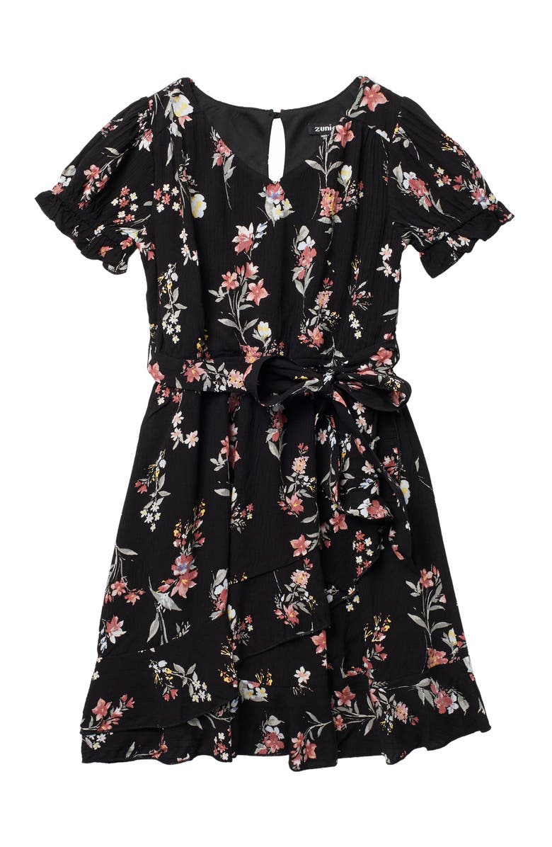 ZUNIE Short Sleeve Floral Ruffle Wrap Dress, Main, color, BLK/BLUSH