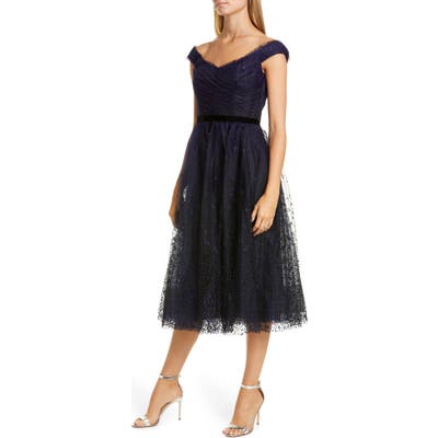 Marchesa Notte Off The Shoulder Tulle Cocktail Dress, Blue