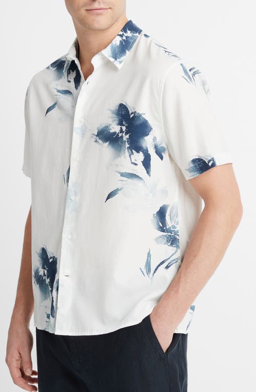 Vince Faded Floral Print Short Sleeve Shirt In Optic White/deep Indigo