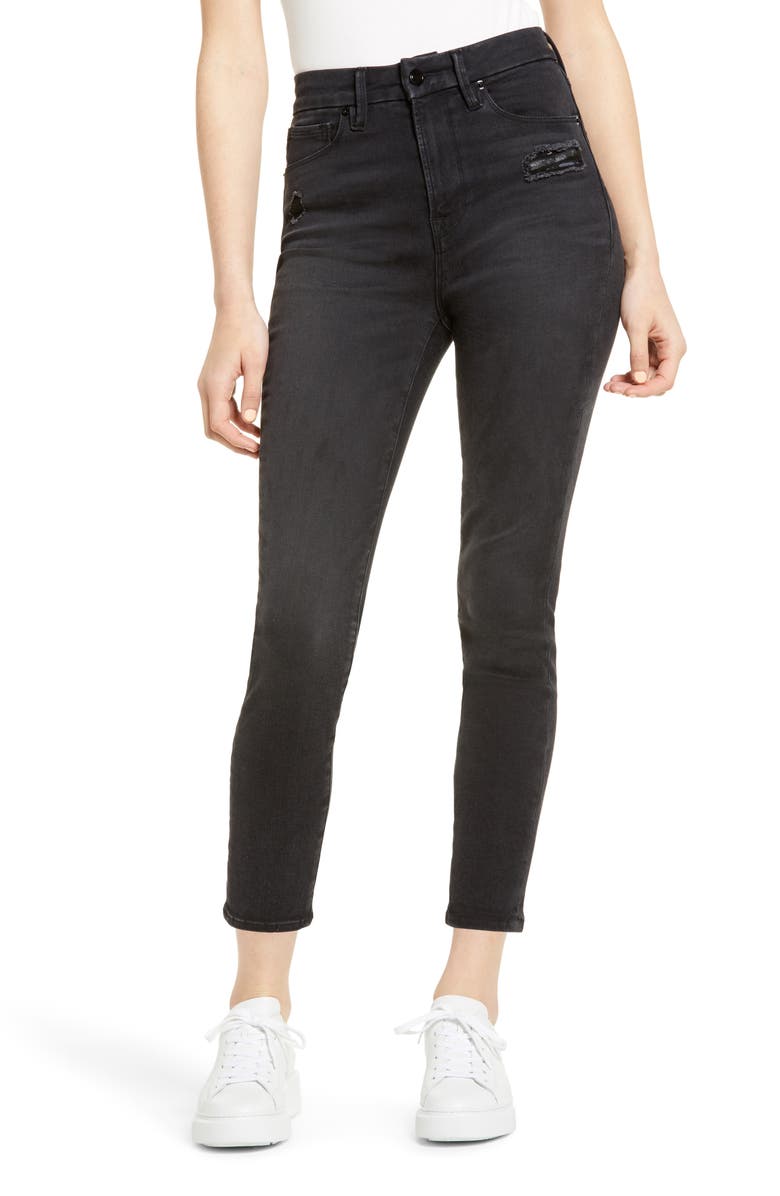 GOOD AMERICAN Good Waist Ripped High Waist Crop Jeans, Main, color, BLACK113