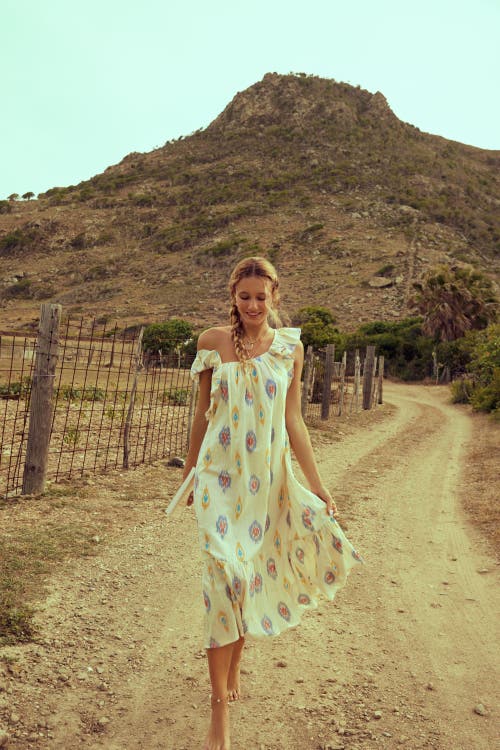 Mer St. Barth Eva Ruffle Sundress In Gold Blue Ikat