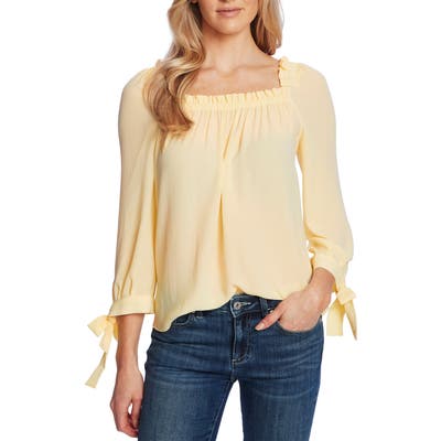 Cece Square Neck Tie Cuff Crepe Top, Yellow