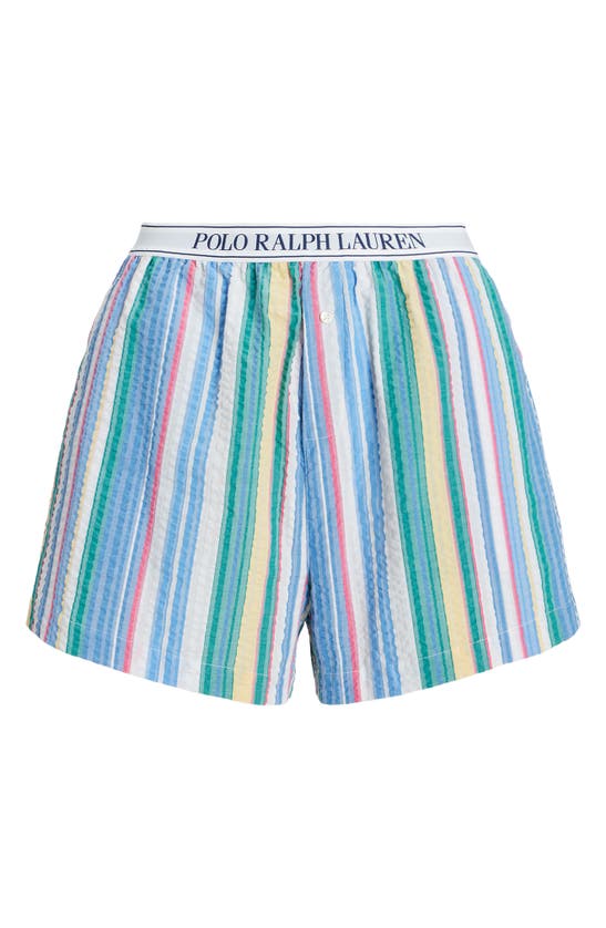 Shop Polo Ralph Lauren Cotton Seersucker Boxer Pajama Shorts In Blue Multi Color