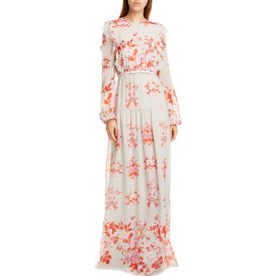Giambattista Valli Floral Print Long Sleeve Silk Georgette Gown, US - Grey