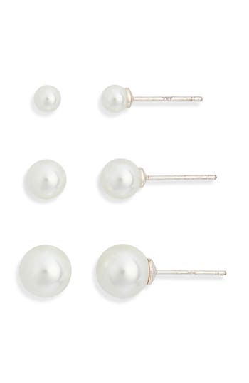 Nordstrom Rack Set Of 3 Everyday Faux Pearl Stud Earrings In White- Silver