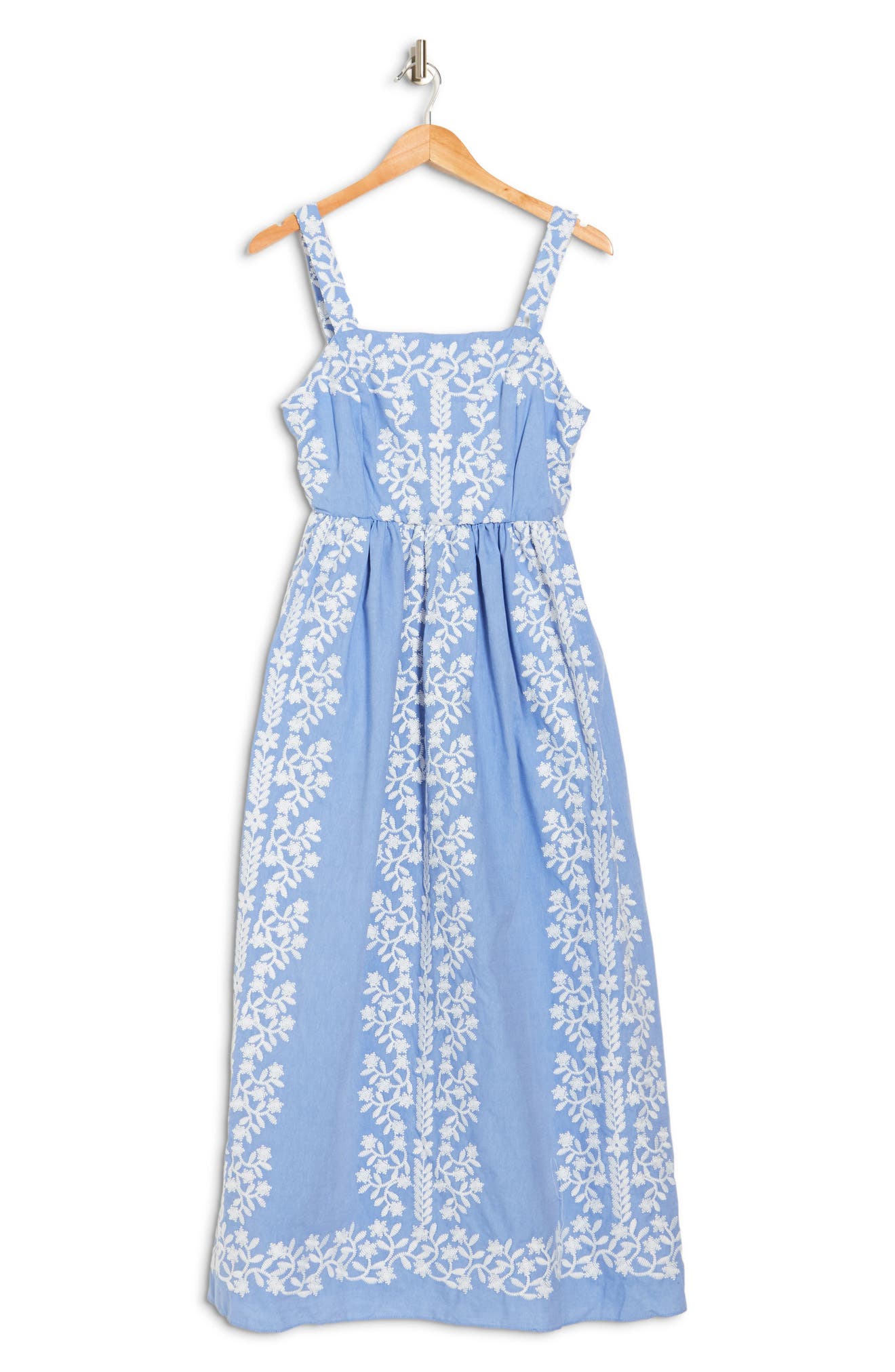 Julia Jordan Embroidered Chambray Maxi Dress In Blue/ivory | ModeSens