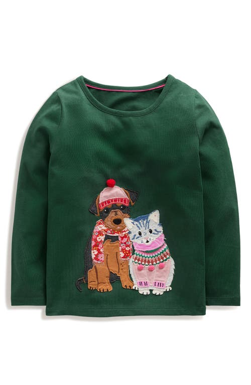 Shop Mini Boden Kids' Pets Appliqué Long Sleeve Cotton Graphic T-shirt In Jewel Green Winter Friends