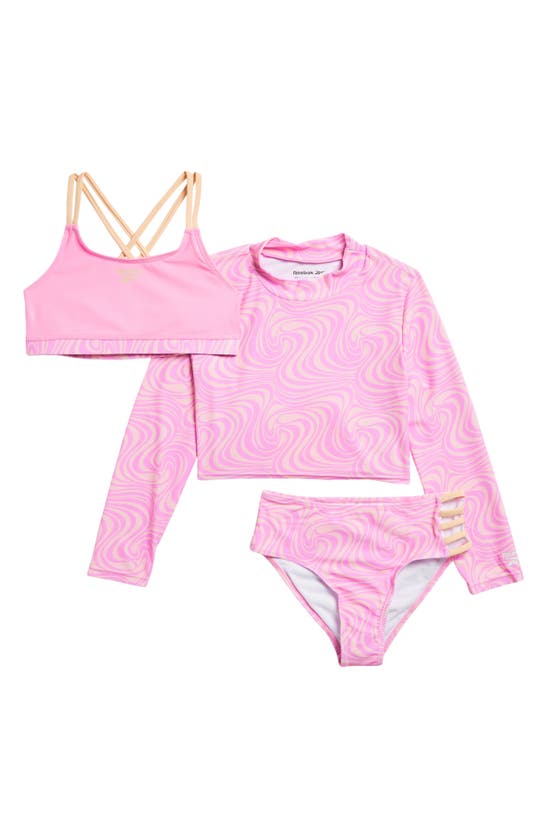 Shop Reebok Kids' Swirl Rashguard, Bikini Top & Bottoms Set In Pink