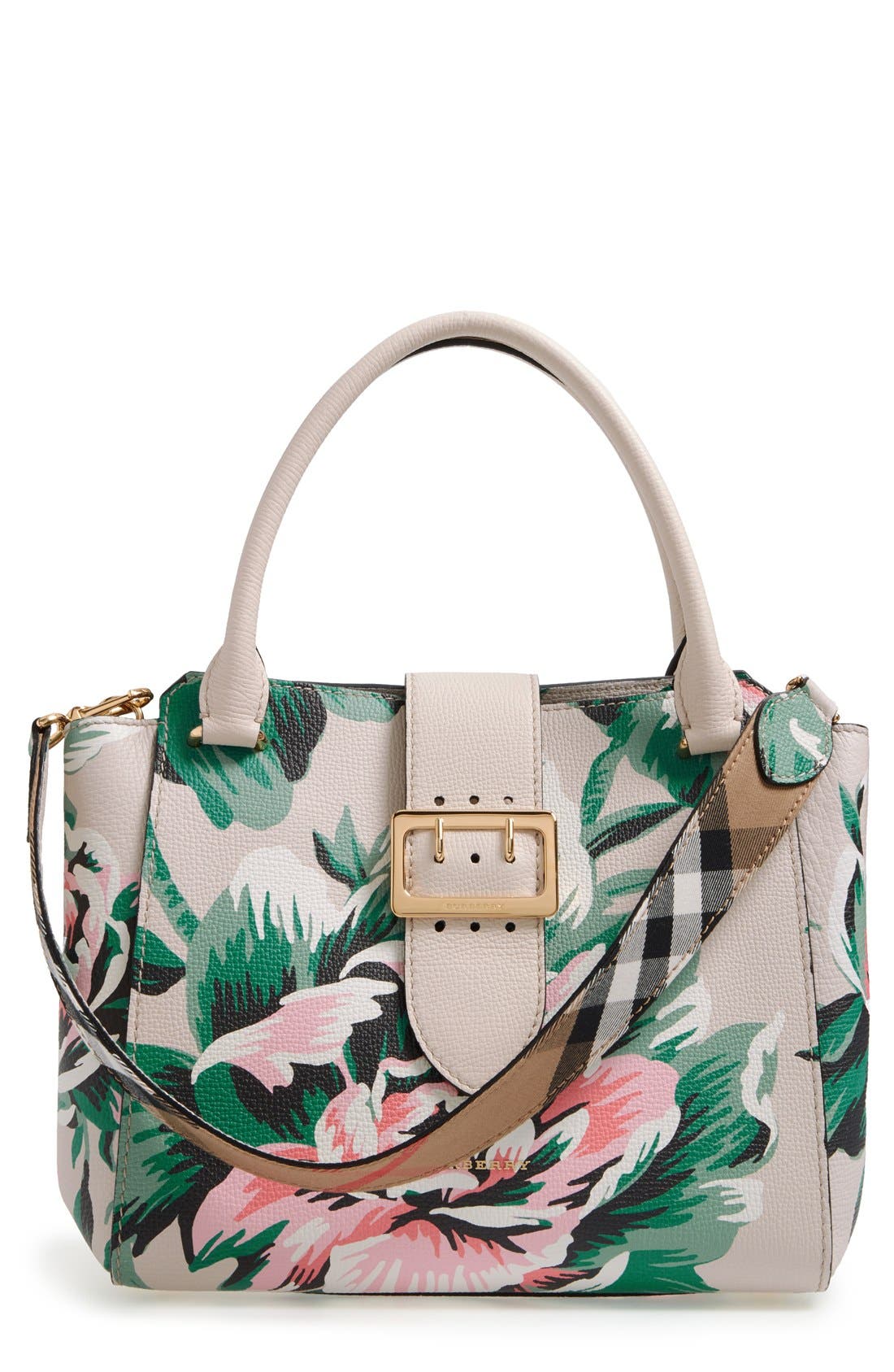 Buckle Floral Calfskin Leather Tote 