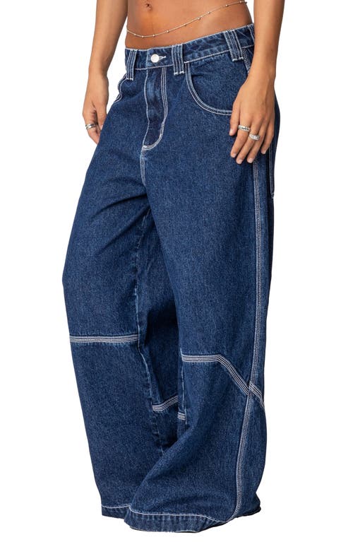 Shop Edikted Low Rise Super Wide Leg Jeans In Dark-blue