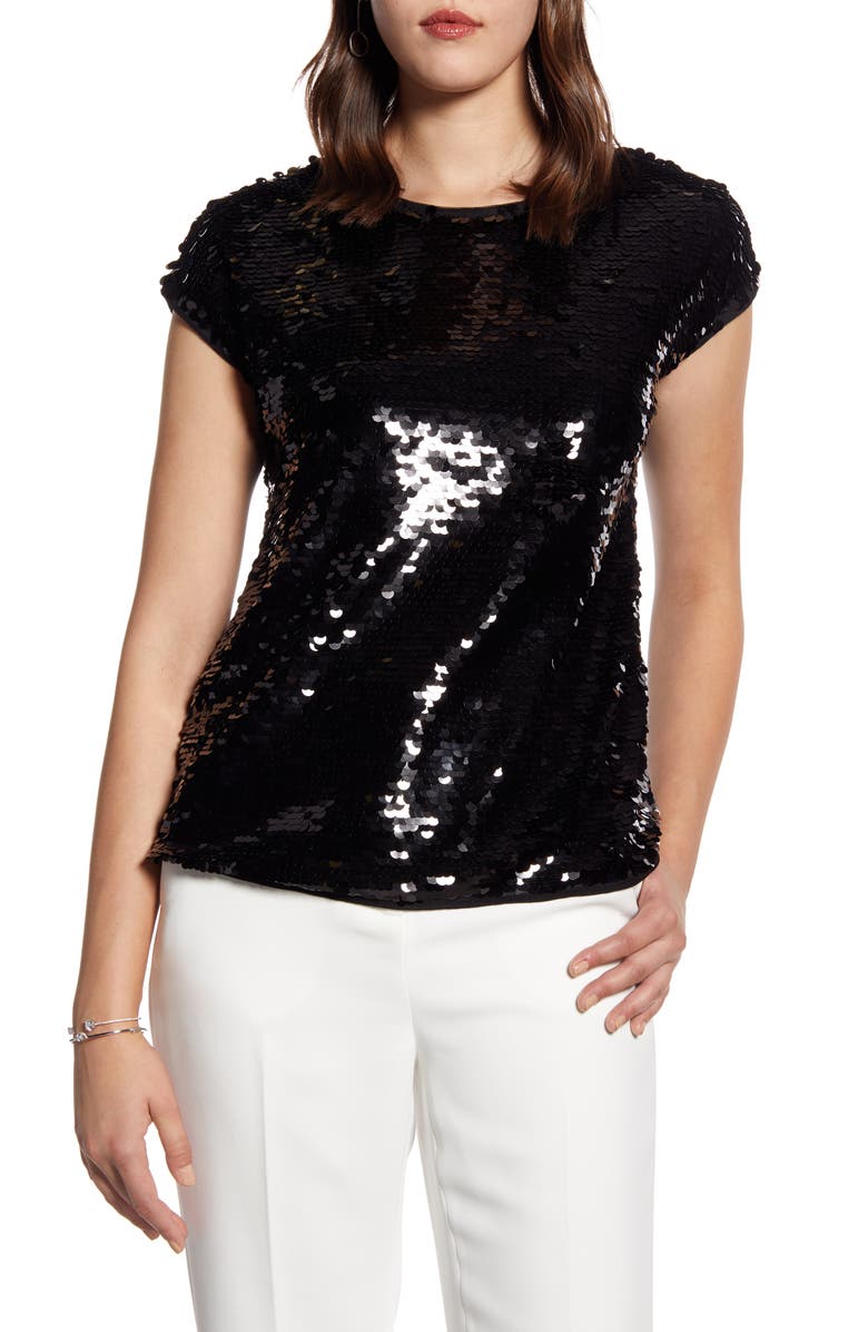 HALOGEN<SUP>®</SUP> Sequin Cap Sleeve Top, Main, color, BLACK