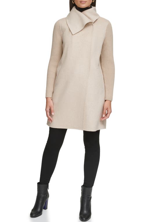 Shop Kenneth Cole New York Rib Sleeve Mixed Media Coat In Oatmeal