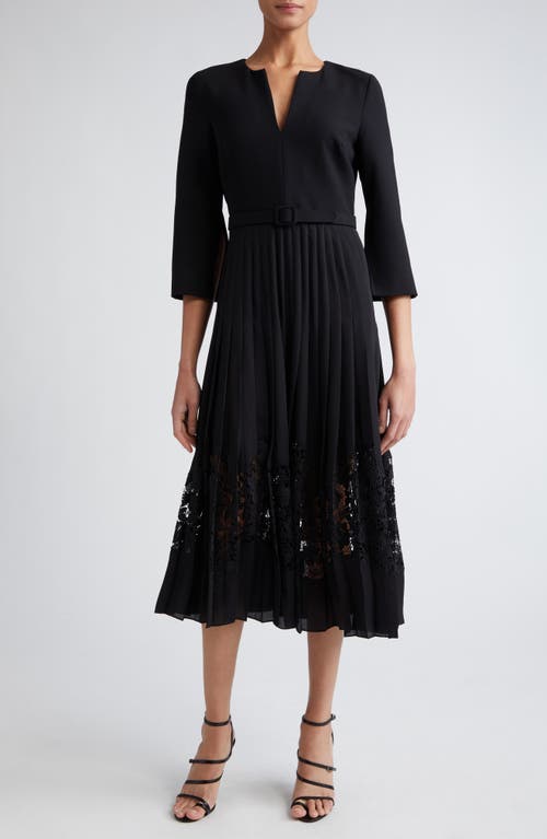 Oscar de la Renta Pleated Skirt Mixed Media Midi Dress Black at Nordstrom,