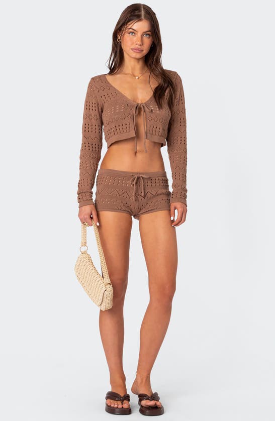 Shop Edikted Betsy Open Stitch Tie Front Sweater Shorts In Brown