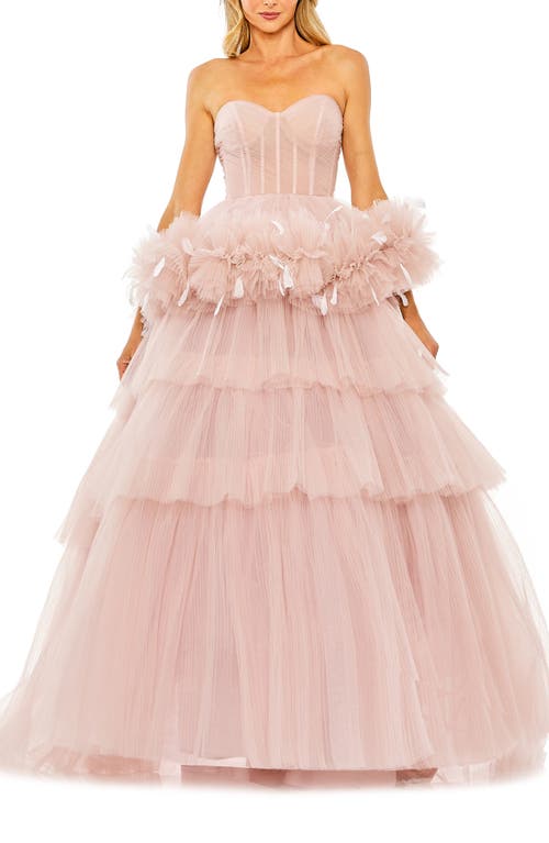 Ieena for Mac Duggal Feather Detail Strapless Tulle Gown in Rose
